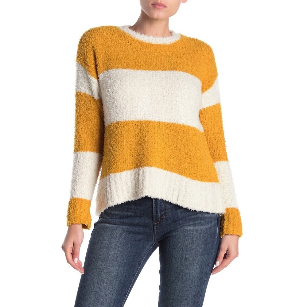 Melloday Women's Long Sleeve Pullover Sweater In Mustard Bone Stripe Size M